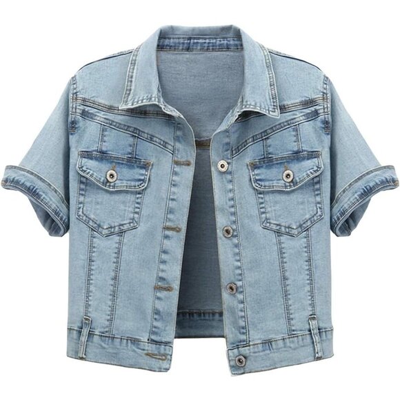 🆕Women Blue Short Sleeve Slim Crop Denim Trucker Jacket Jean Coat Tops